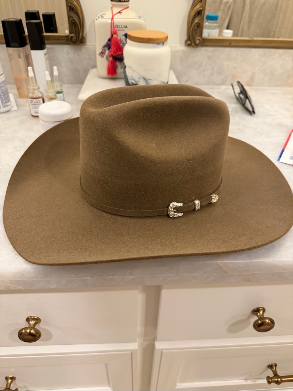 Men's Brown Felt Western Hat with Silver-Tone Buckle Accent
